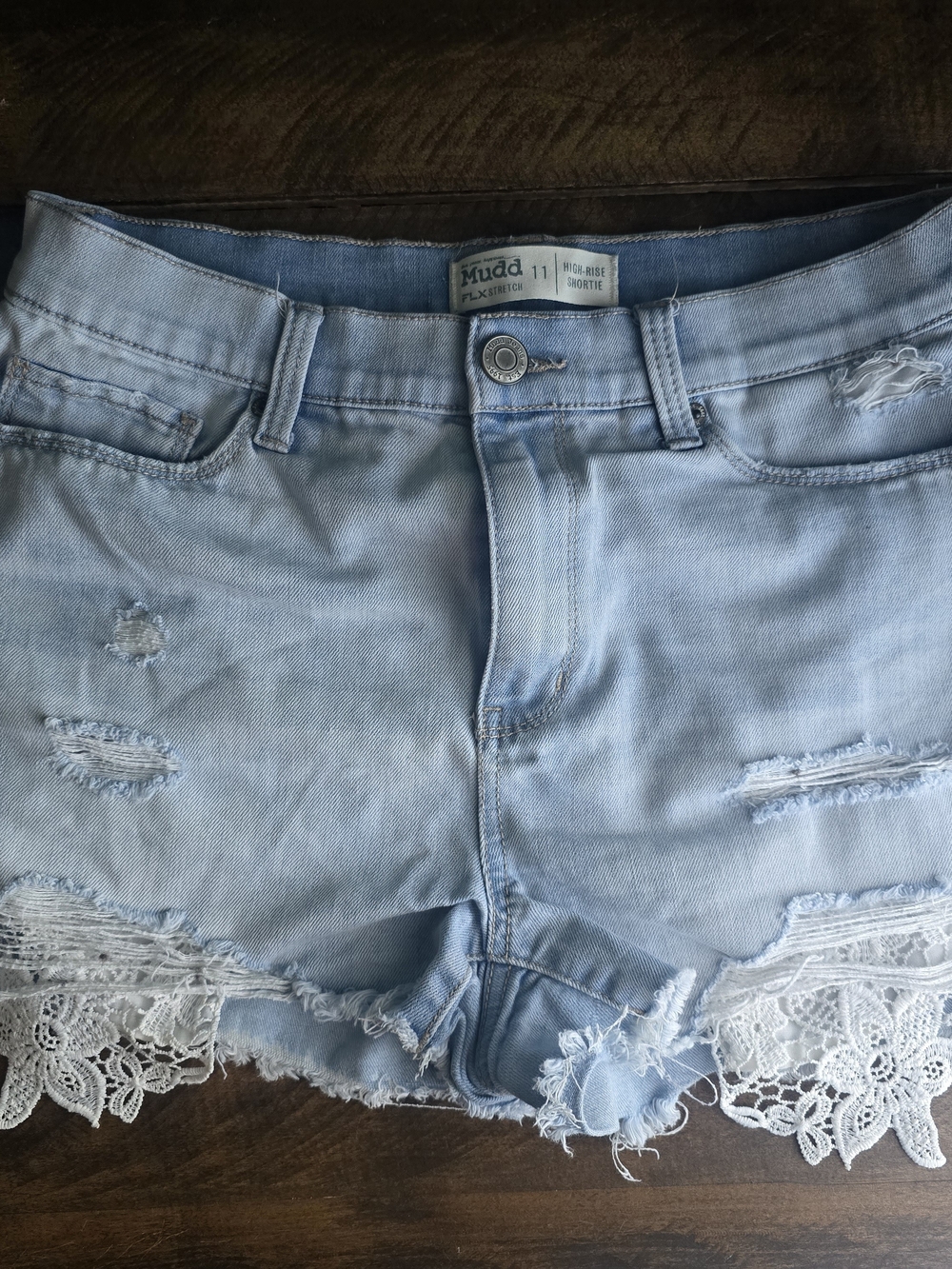 Mudd Light Blue Distressed Denim Shorts with White Lace Hem
